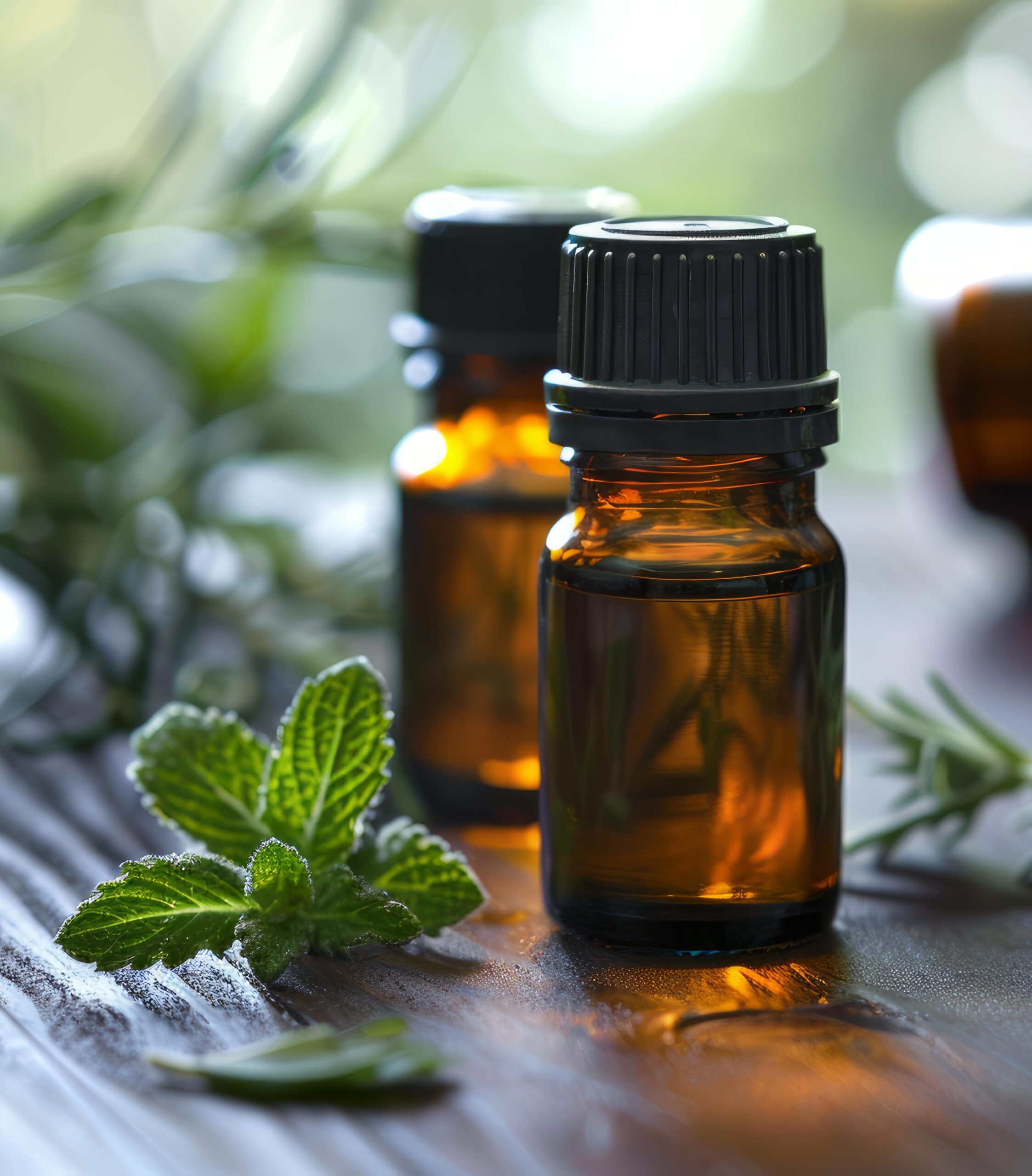 Amber bottles of essential oils with fresh herbs on a rustic wooden background
